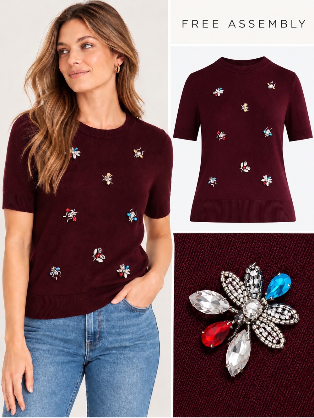 NWT Burgundy Short-Sleeve Embellished Sweater